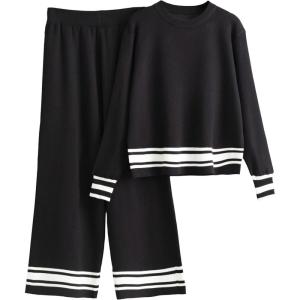 Tanming 2 Piece Sets For Women Knit Lounge Set Long Sleeve Pullover Wide Leg Pants Spring Fall Matching Outfits Tracksuits(Black)