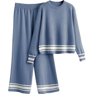 Tanming 2 Piece Sets For Women Knit Lounge Set Long Sleeve Pullover Wide Leg Pants Spring Fall Matching Outfits Tracksuits(Blue)