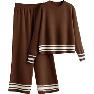 Tanming 2 Piece Sets For Women Knit Lounge Set Long Sleeve Pullover Wide Leg Pants Spring Fall Matching Outfits Tracksuits(Brown)
