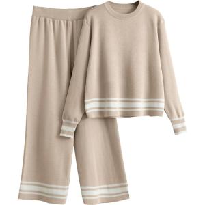 Tanming 2 Piece Sets For Women Knit Lounge Set Long Sleeve Pullover Wide Leg Pants Spring Fall Matching Outfits Tracksuits(Khaki)