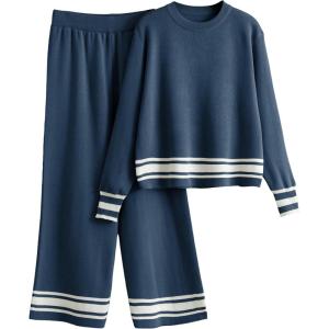 Tanming 2 Piece Sets For Women Knit Lounge Set Long Sleeve Pullover Wide Leg Pants Spring Fall Matching Outfits Tracksuits(Navy)