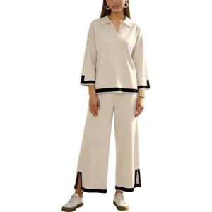 Tanming Women’s 2 Piece Outfits 3/4 Sleeve Knit Sweater Top Wide Leg Pants Travel Set Tracksuits(Apricot)