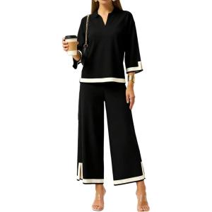Tanming Women’s 2 Piece Outfits 3/4 Sleeve Knit Sweater Top Wide Leg Pants Travel Set Tracksuits(Black)