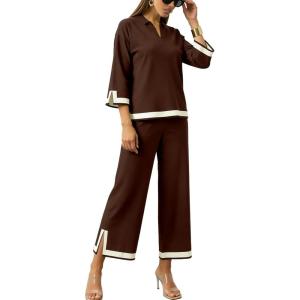Tanming Women’s 2 Piece Outfits 3/4 Sleeve Knit Sweater Top Wide Leg Pants Travel Set Tracksuits(Brown)