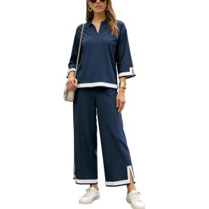 Tanming Women’s 2 Piece Outfits 3/4 Sleeve Knit Sweater Top Wide Leg Pants Travel Set Tracksuits(Navy)