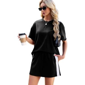 Tanming Women’s 2 Piece Skirt Sets Outfits Casual Crewneck T Shirt Elastic Waist Skirt Travel Lounge Matching Set(Black)