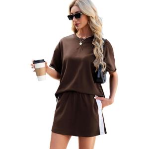 Tanming Women’s 2 Piece Skirt Sets Outfits Casual Crewneck T Shirt Elastic Waist Skirt Travel Lounge Matching Set(Coffee)