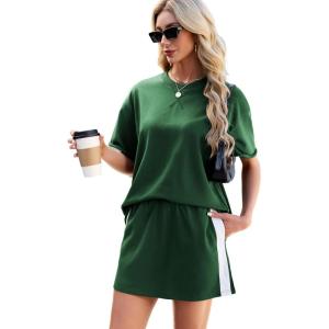 Tanming Women’s 2 Piece Skirt Sets Outfits Casual Crewneck T Shirt Elastic Waist Skirt Travel Lounge Matching Set(Dark Green)