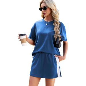 Tanming Women’s 2 Piece Skirt Sets Outfits Casual Crewneck T Shirt Elastic Waist Skirt Travel Lounge Matching Set(Klein Blue)