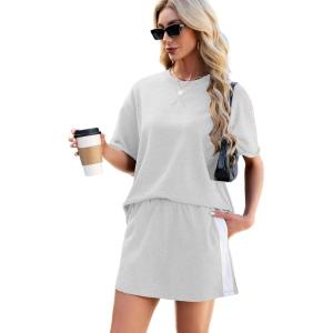 Tanming Women’s 2 Piece Skirt Sets Outfits Casual Crewneck T Shirt Elastic Waist Skirt Travel Lounge Matching Set(Light Grey)