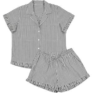 Tanming Womens Striped Pajama Sets Button Down Pjs 2 Piece Short Sleeve Sleepwear with Shorts Soft Loungewear(Black)