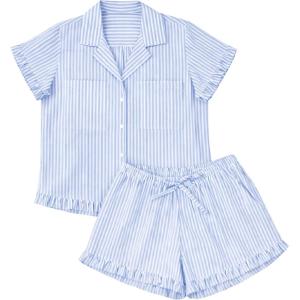 Tanming Womens Striped Pajama Sets Button Down Pjs 2 Piece Short Sleeve Sleepwear with Shorts Soft Loungewear(Blue)