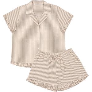 Tanming Womens Striped Pajama Sets Button Down Pjs 2 Piece Short Sleeve Sleepwear with Shorts Soft Loungewear(Khaki)
