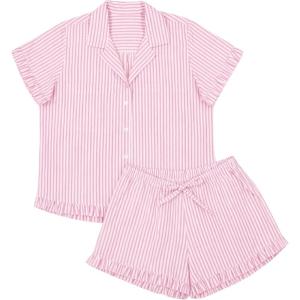 Tanming Womens Striped Pajama Sets Button Down Pjs 2 Piece Short Sleeve Sleepwear with Shorts Soft Loungewear(Pink)