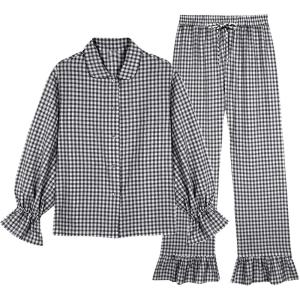 Tanming Womens Two Piece Gingham Pajamas Sets Long Sleeve Plaid Button Down Shirt Ruffle Pants Lounge Pj Set(Black)