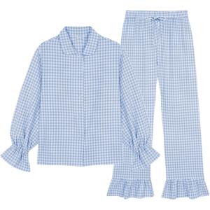 Tanming Womens Two Piece Gingham Pajamas Sets Long Sleeve Plaid Button Down Shirt Ruffle Pants Lounge Pj Set(Blue)
