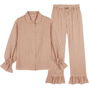 Tanming Womens Two Piece Gingham Pajamas Sets Long Sleeve Plaid Button Down Shirt Ruffle Pants Lounge Pj Set(Brown)