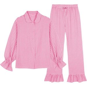 Tanming Womens Two Piece Gingham Pajamas Sets Long Sleeve Plaid Button Down Shirt Ruffle Pants Lounge Pj Set(Pink)