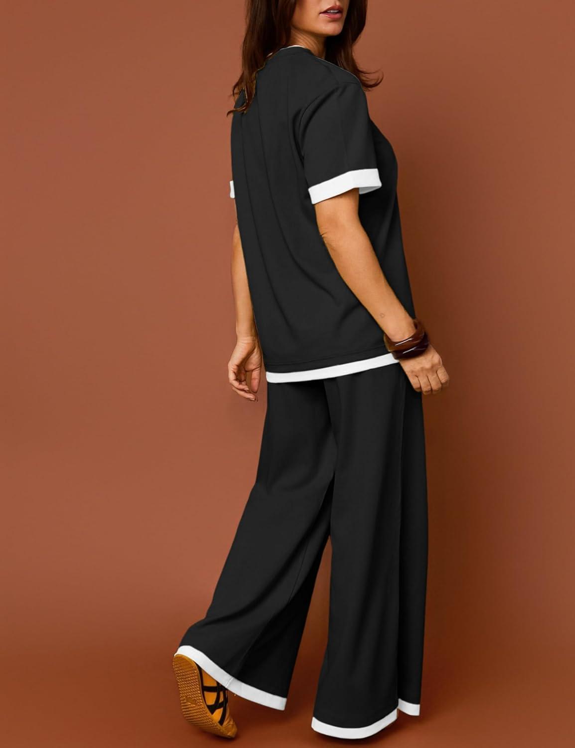 imageTanming Womens 2 Piece Matching Lounge Set Short Sleeve Knit Pullover Tops Wide Leg Pants TracksuitsBlack