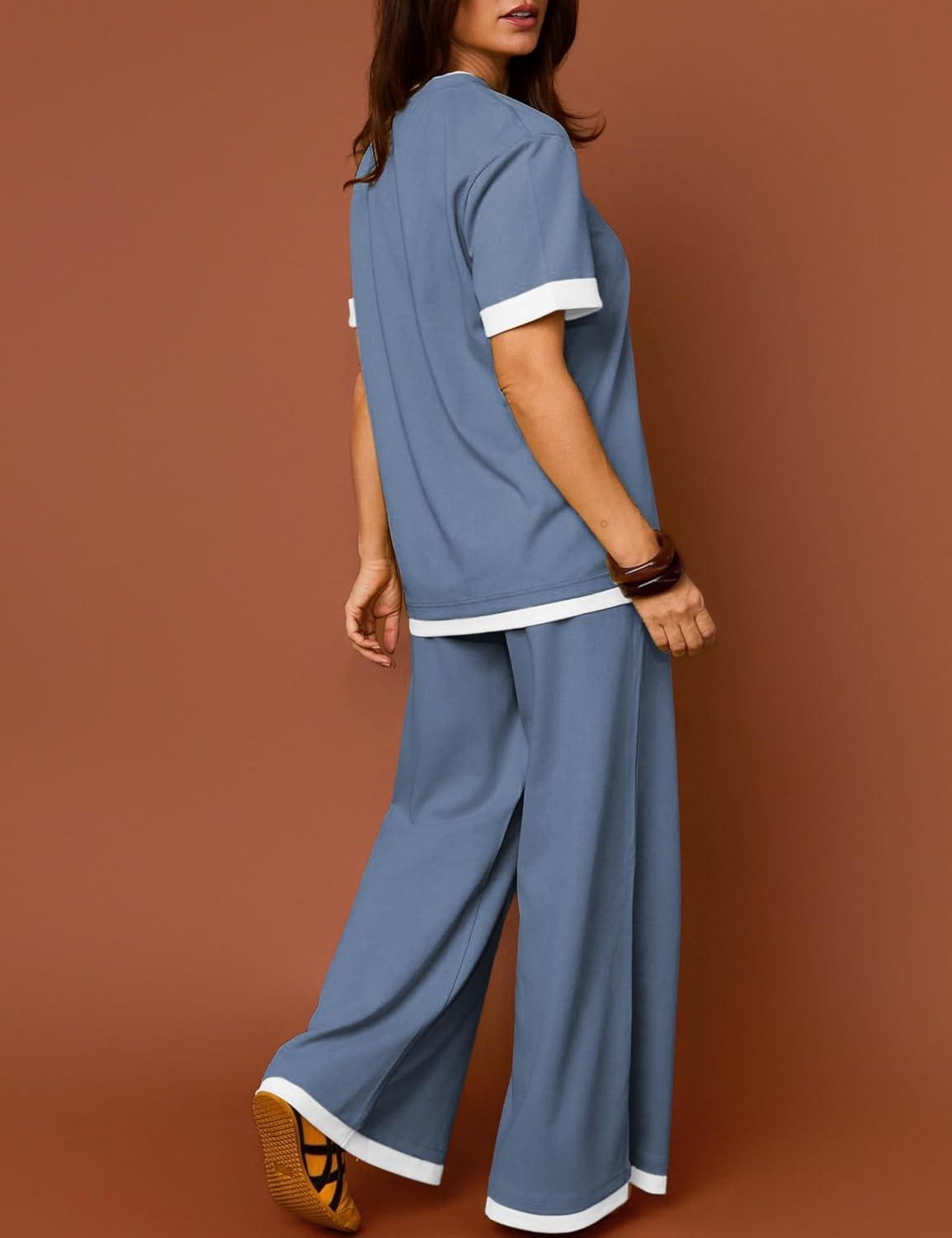 imageTanming Womens 2 Piece Matching Lounge Set Short Sleeve Knit Pullover Tops Wide Leg Pants TracksuitsBlue