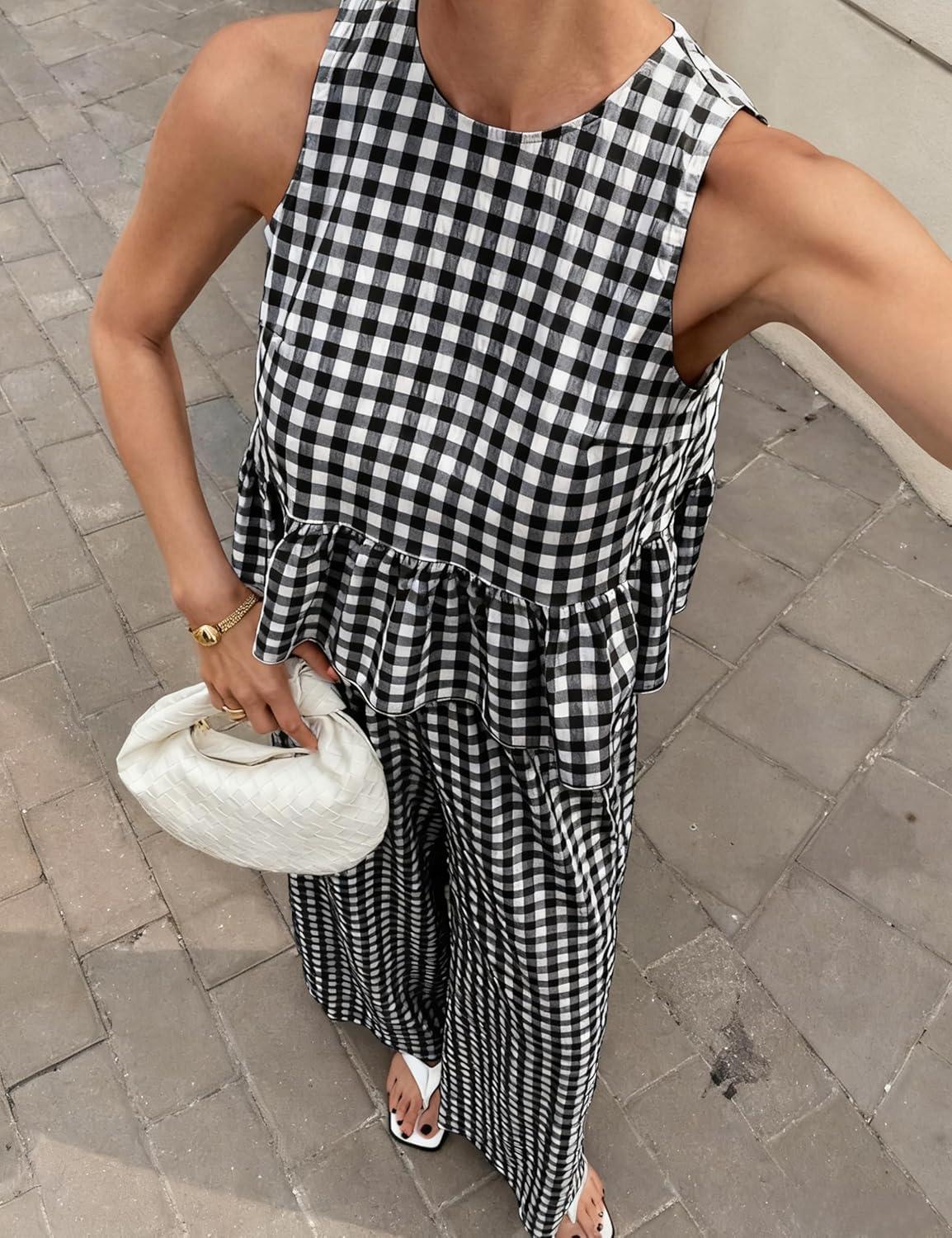 imageTanming Womens 2 Piece Set Outfits Gingham Plaid Tank Tops Wide Leg Pants Matching Lounge SetsBlack