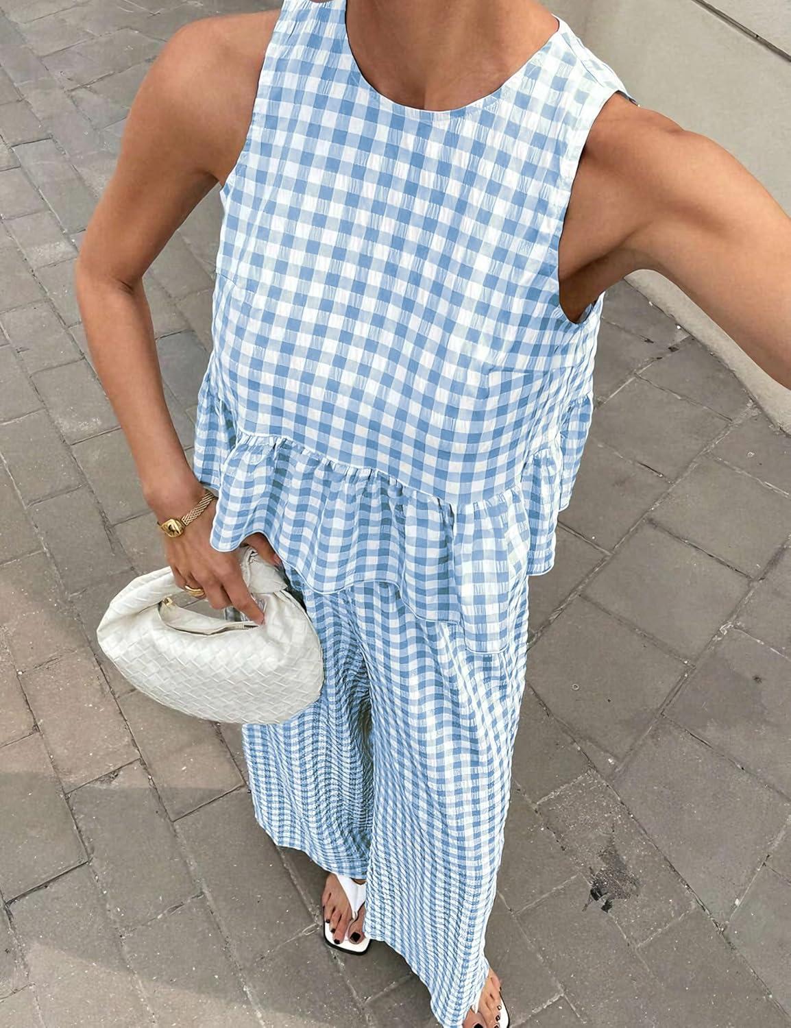 imageTanming Womens 2 Piece Set Outfits Gingham Plaid Tank Tops Wide Leg Pants Matching Lounge SetsBlue