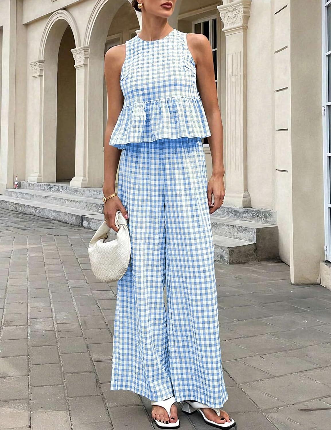 imageTanming Womens 2 Piece Set Outfits Gingham Plaid Tank Tops Wide Leg Pants Matching Lounge SetsBlue