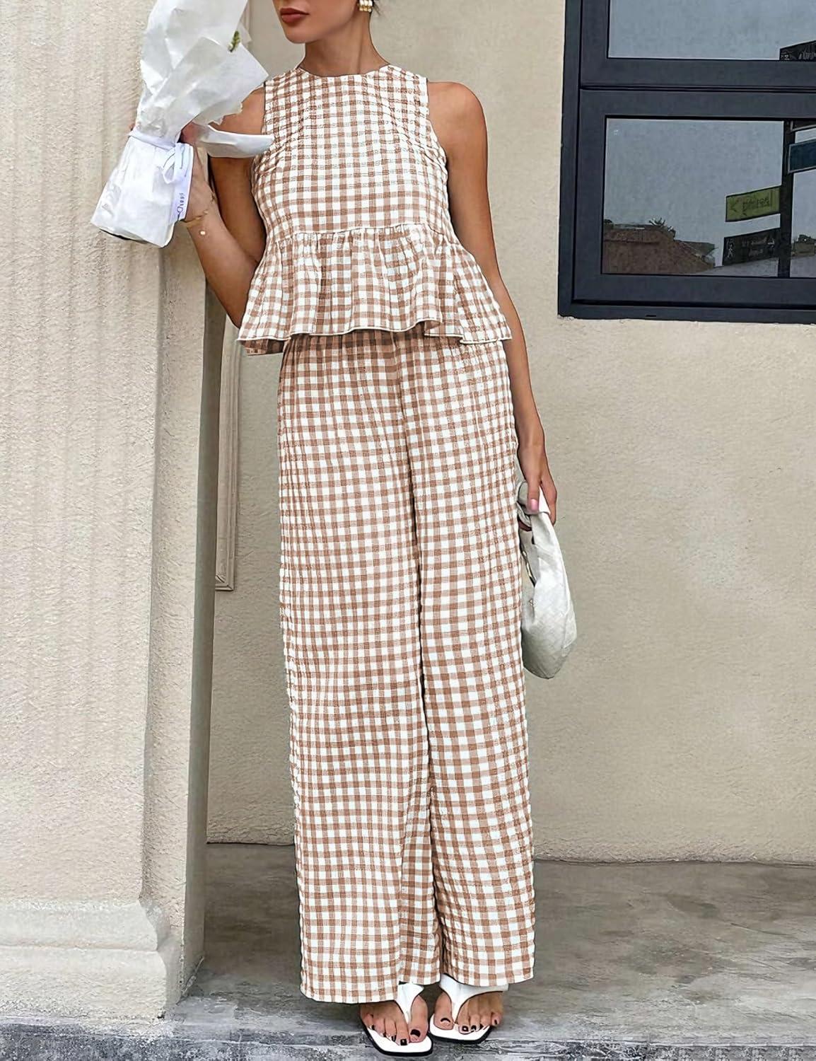 imageTanming Womens 2 Piece Set Outfits Gingham Plaid Tank Tops Wide Leg Pants Matching Lounge SetsBrown