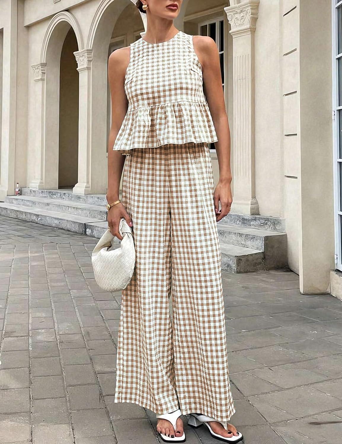 imageTanming Womens 2 Piece Set Outfits Gingham Plaid Tank Tops Wide Leg Pants Matching Lounge SetsBrown
