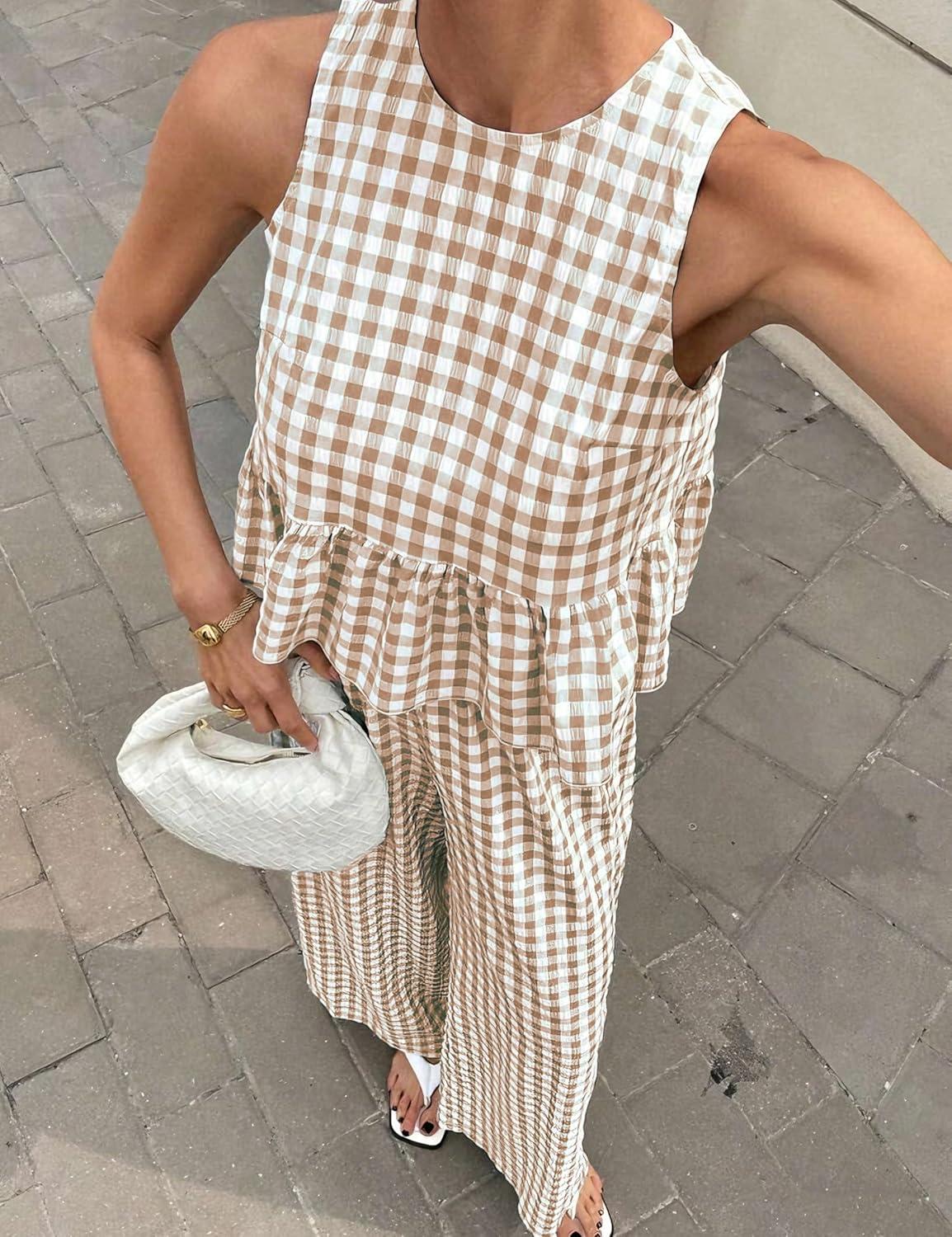 imageTanming Womens 2 Piece Set Outfits Gingham Plaid Tank Tops Wide Leg Pants Matching Lounge SetsBrown