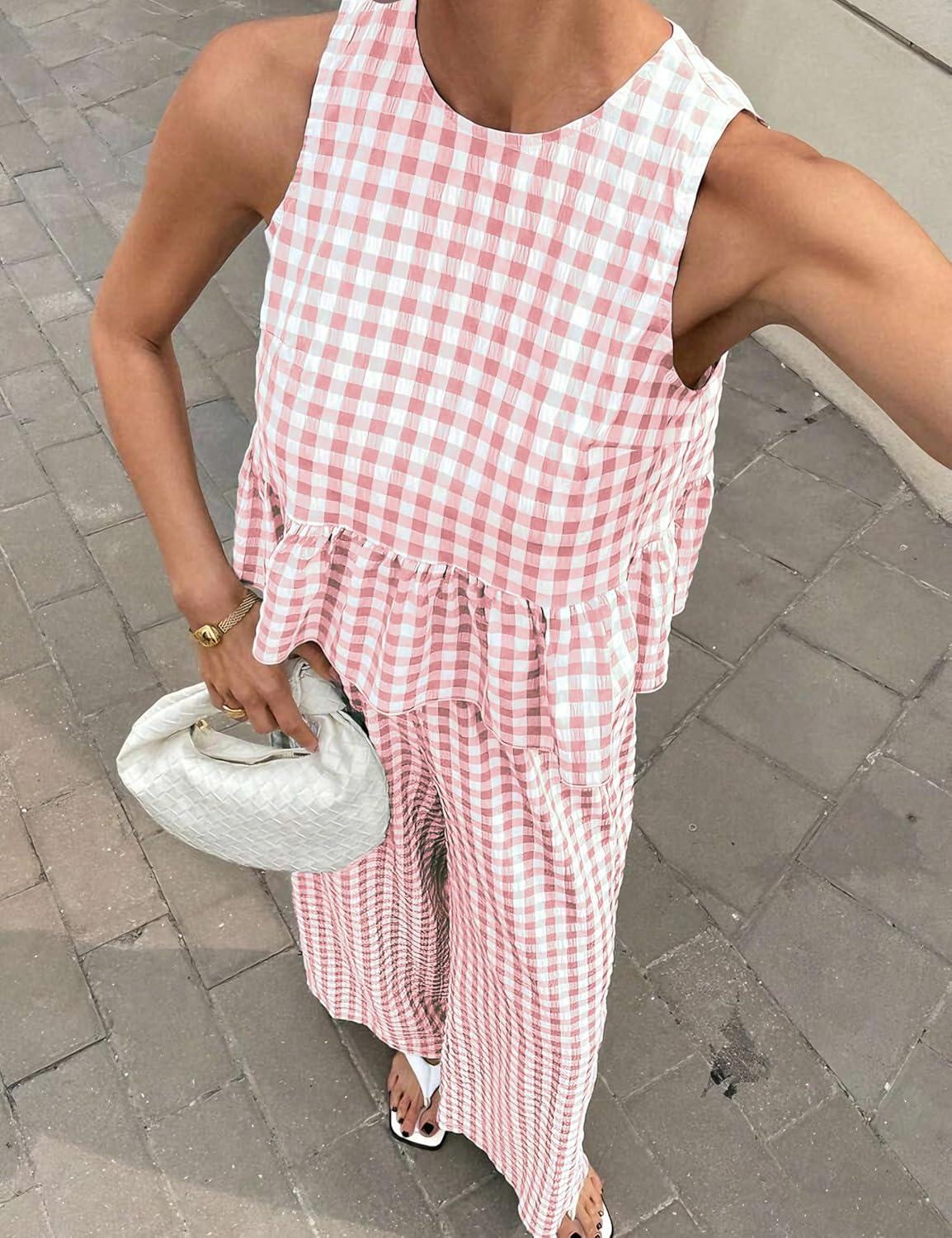 imageTanming Womens 2 Piece Set Outfits Gingham Plaid Tank Tops Wide Leg Pants Matching Lounge SetsPink