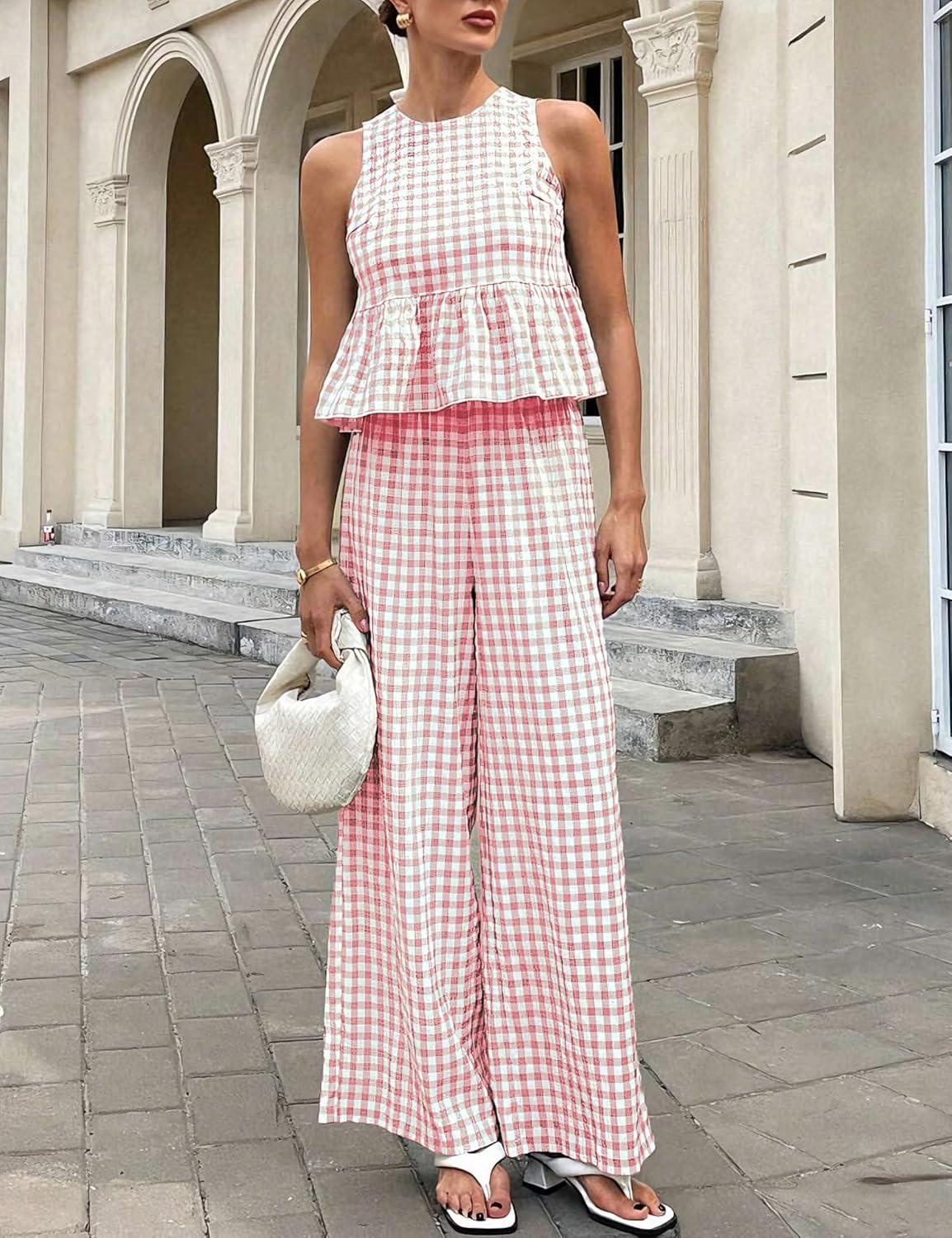 imageTanming Womens 2 Piece Set Outfits Gingham Plaid Tank Tops Wide Leg Pants Matching Lounge SetsPink