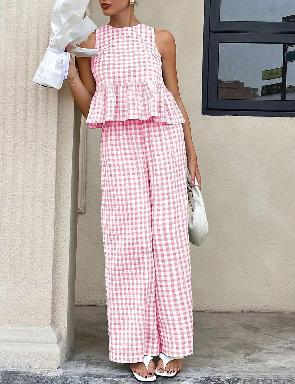 imageTanming Womens 2 Piece Set Outfits Gingham Plaid Tank Tops Wide Leg Pants Matching Lounge SetsPink