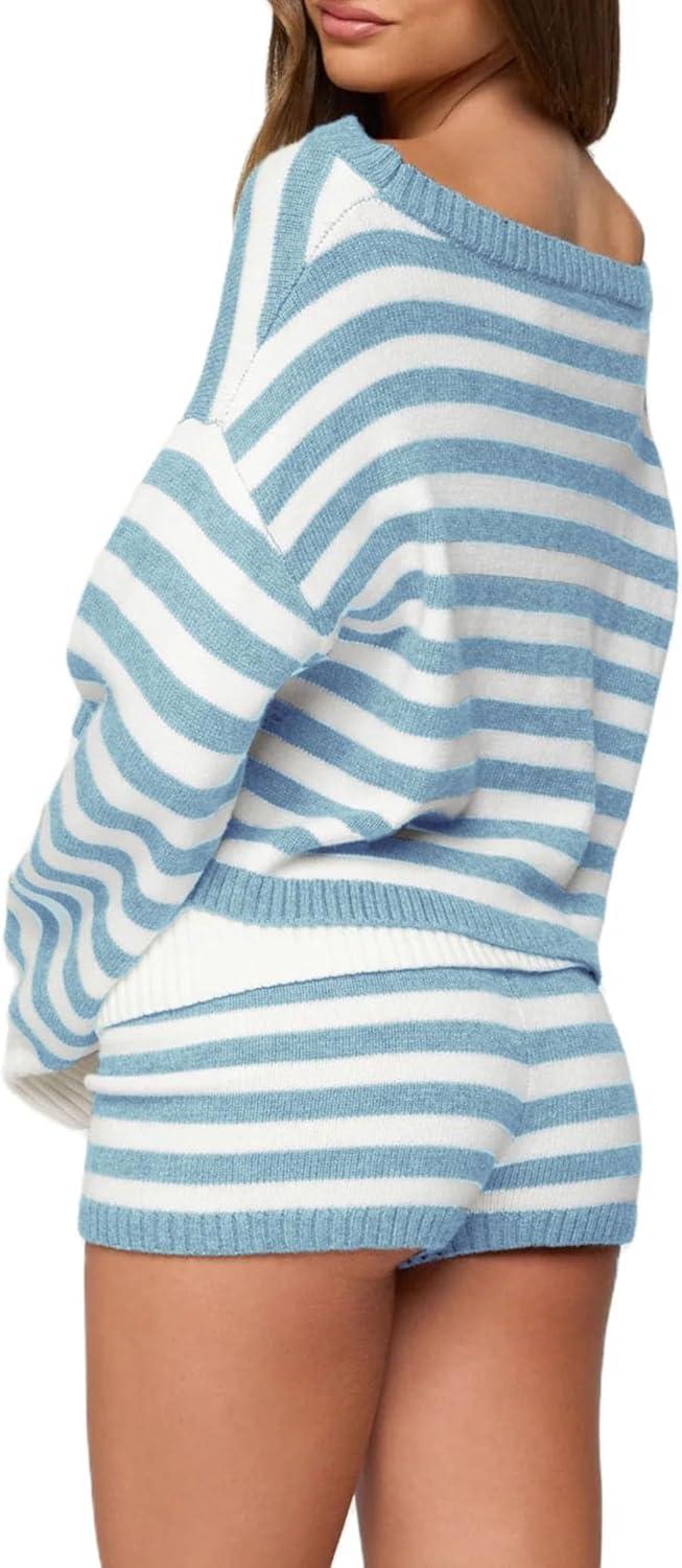 imageTanming Womens Striped Sweater Sets Long Sleeve Off Shoulder Knit Pullover Top Casual Fold Over Shorts SetsBlue