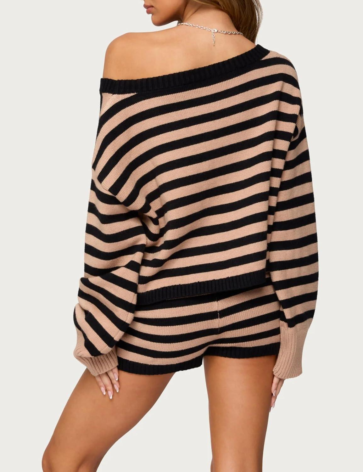 imageTanming Womens Striped Sweater Sets Long Sleeve Off Shoulder Knit Pullover Top Casual Fold Over Shorts SetsBrown