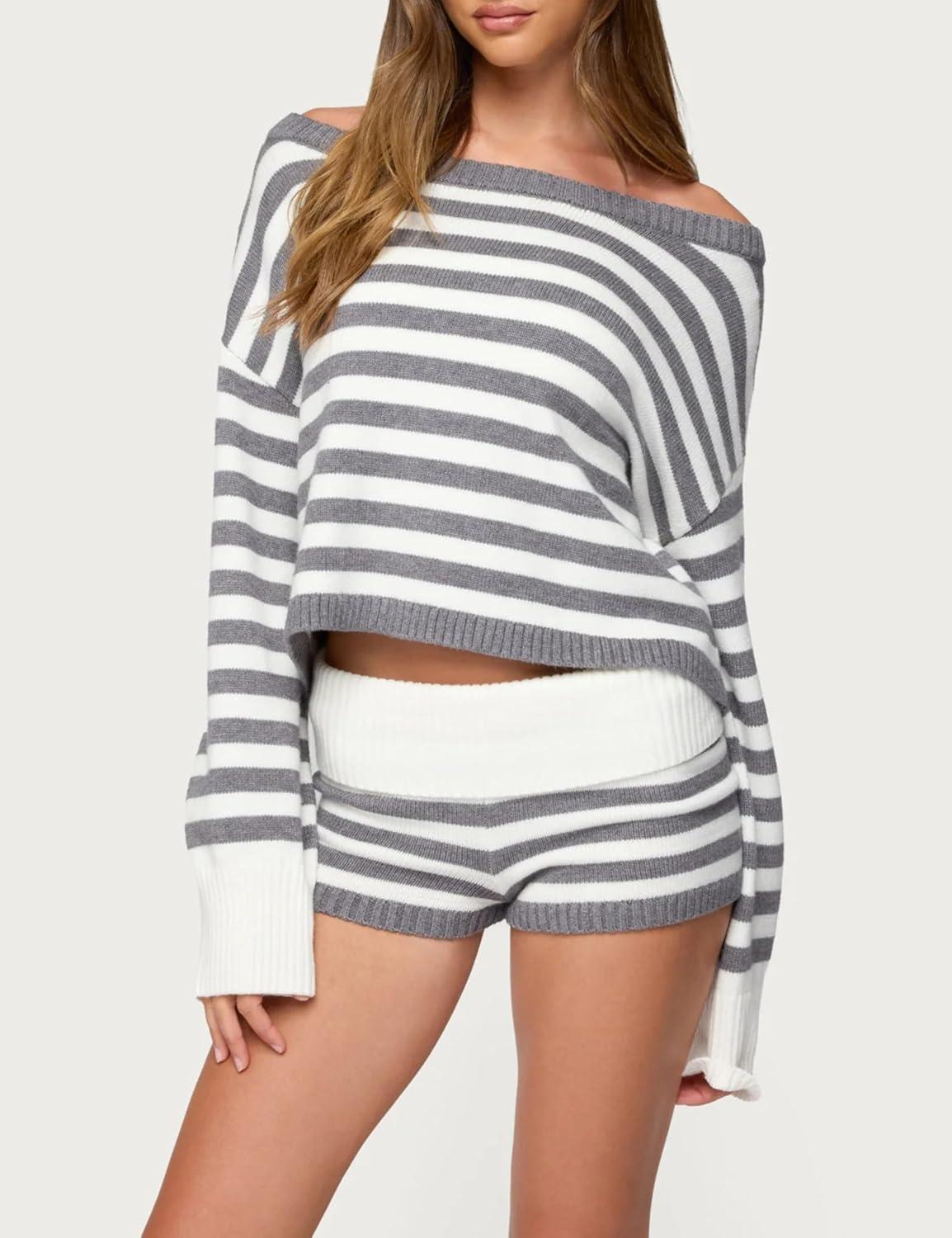 imageTanming Womens Striped Sweater Sets Long Sleeve Off Shoulder Knit Pullover Top Casual Fold Over Shorts SetsGrey