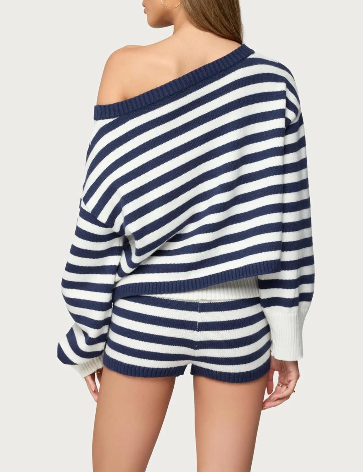 imageTanming Womens Striped Sweater Sets Long Sleeve Off Shoulder Knit Pullover Top Casual Fold Over Shorts SetsNavy