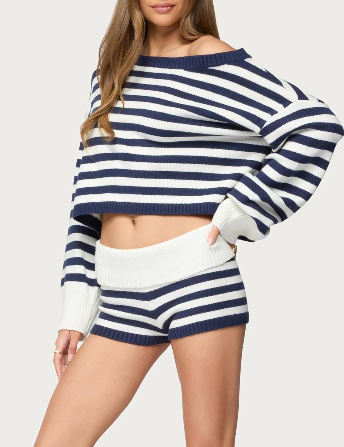 imageTanming Womens Striped Sweater Sets Long Sleeve Off Shoulder Knit Pullover Top Casual Fold Over Shorts SetsNavy