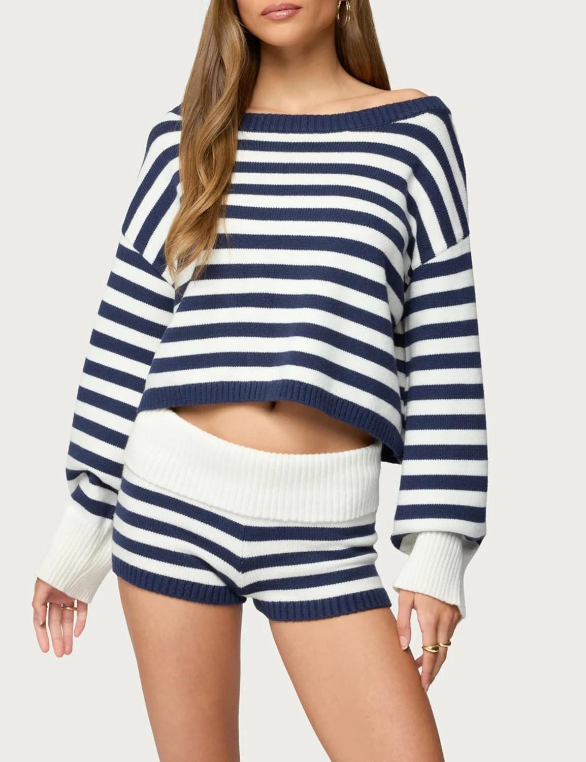 imageTanming Womens Striped Sweater Sets Long Sleeve Off Shoulder Knit Pullover Top Casual Fold Over Shorts SetsNavy
