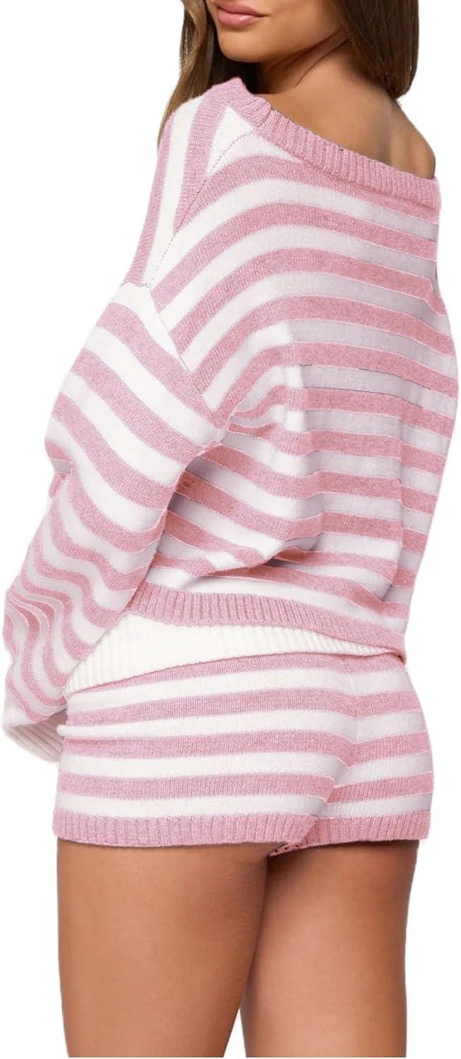 imageTanming Womens Striped Sweater Sets Long Sleeve Off Shoulder Knit Pullover Top Casual Fold Over Shorts SetsPink