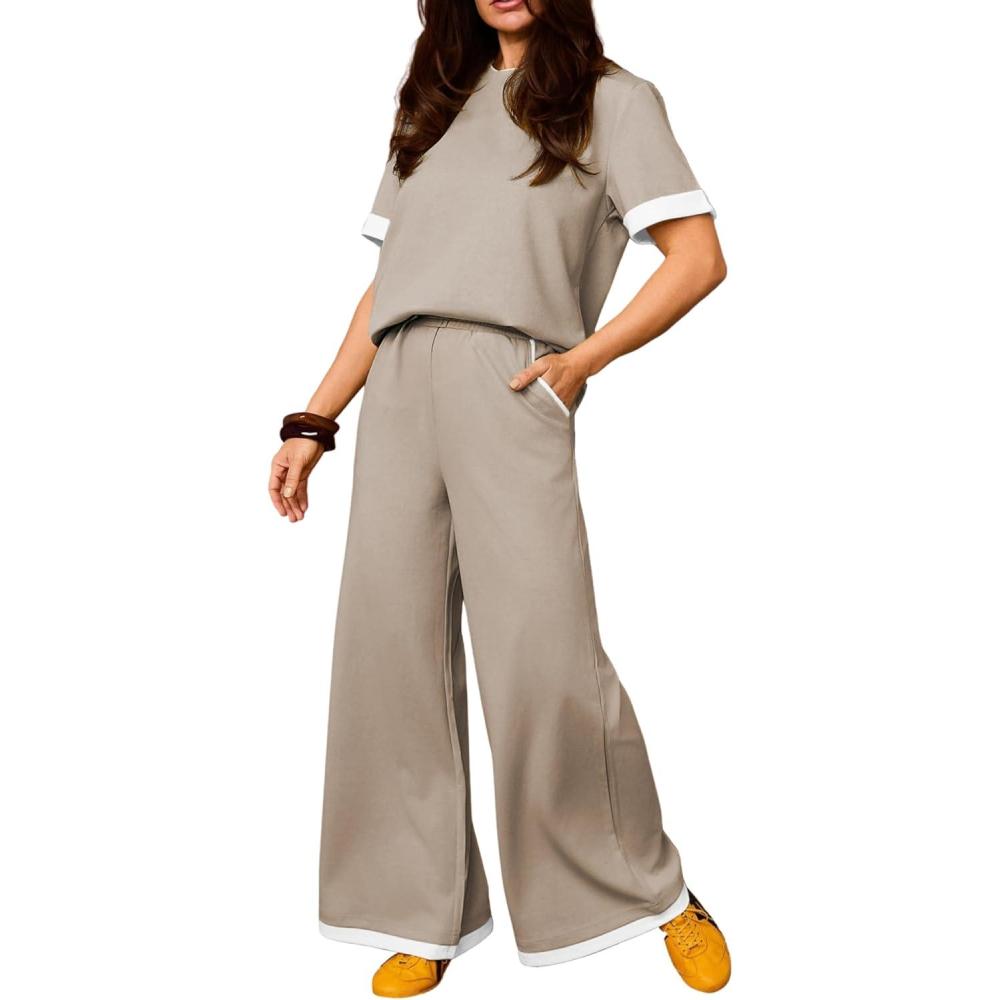 imageTanming Womens 2 Piece Matching Lounge Set Short Sleeve Knit Pullover Tops Wide Leg Pants TracksuitsKhaki
