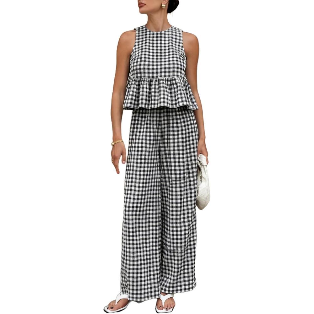 imageTanming Womens 2 Piece Set Outfits Gingham Plaid Tank Tops Wide Leg Pants Matching Lounge SetsBlack