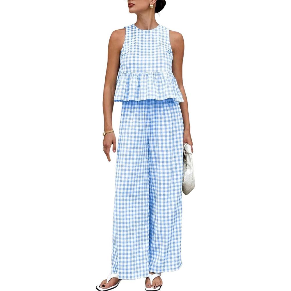 imageTanming Womens 2 Piece Set Outfits Gingham Plaid Tank Tops Wide Leg Pants Matching Lounge SetsBlue