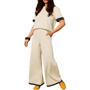 Tanming Women’s 2 Piece Matching Lounge Set Short Sleeve Knit Pullover Tops Wide Leg Pants Tracksuits(Beige)