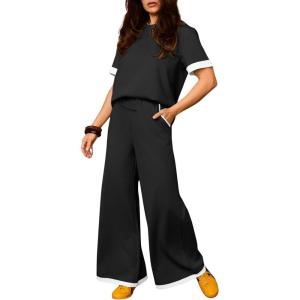 Tanming Women’s 2 Piece Matching Lounge Set Short Sleeve Knit Pullover Tops Wide Leg Pants Tracksuits(Black)