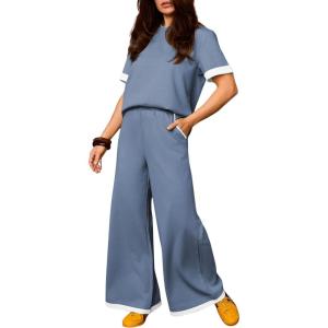 Tanming Women’s 2 Piece Matching Lounge Set Short Sleeve Knit Pullover Tops Wide Leg Pants Tracksuits(Blue)