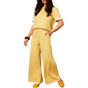 Tanming Women’s 2 Piece Matching Lounge Set Short Sleeve Knit Pullover Tops Wide Leg Pants Tracksuits(Yellow)