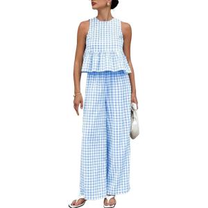Tanming Women’s 2 Piece Set Outfits Gingham Plaid Tank Tops Wide Leg Pants Matching Lounge Sets(Blue)