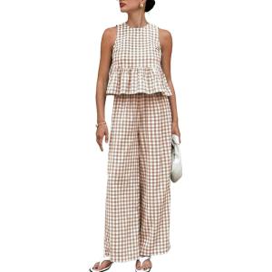 Tanming Women’s 2 Piece Set Outfits Gingham Plaid Tank Tops Wide Leg Pants Matching Lounge Sets(Brown)