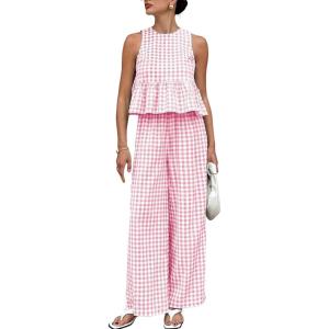 Tanming Women’s 2 Piece Set Outfits Gingham Plaid Tank Tops Wide Leg Pants Matching Lounge Sets(Pink)